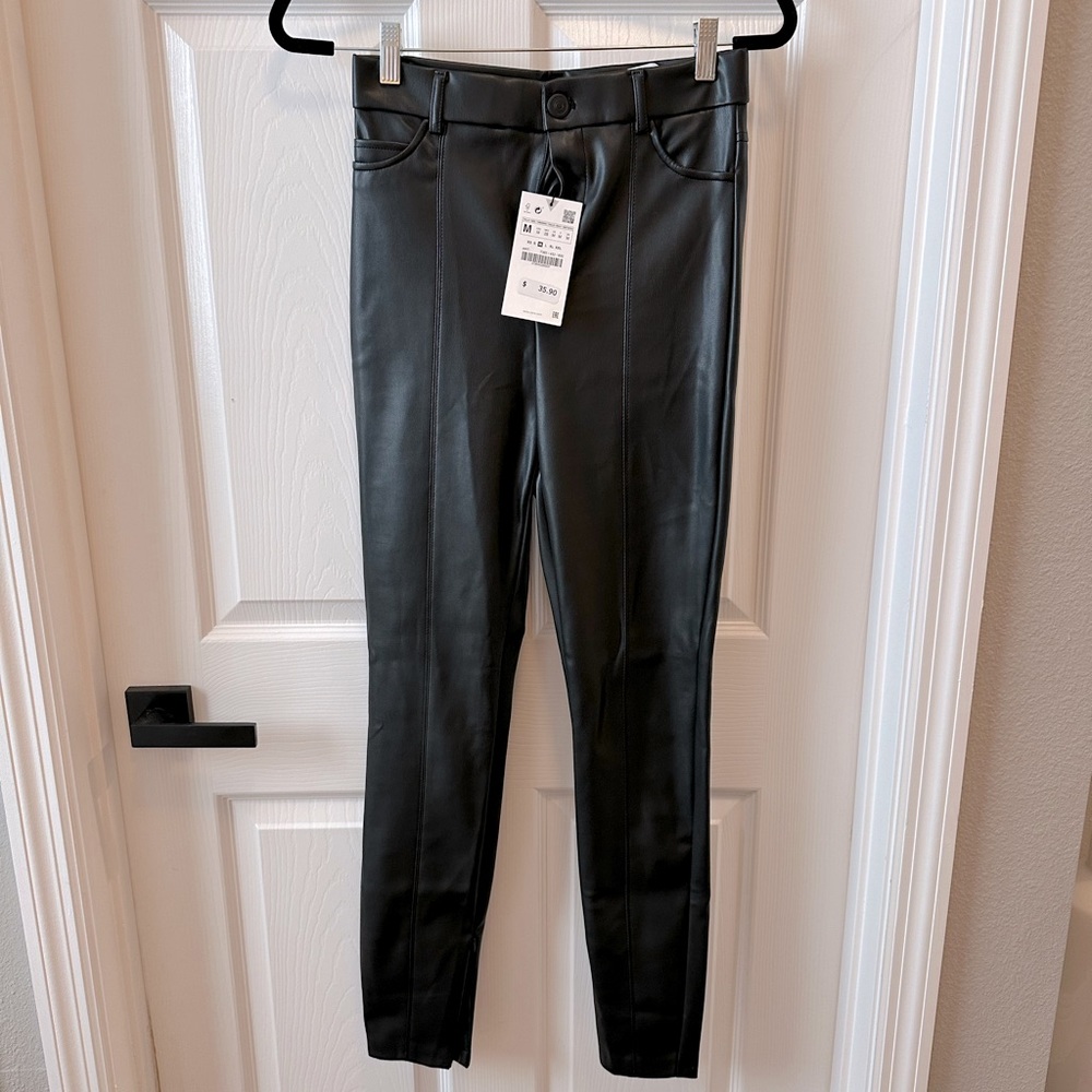 Leather skinny pants. Zip inseam at the ankle